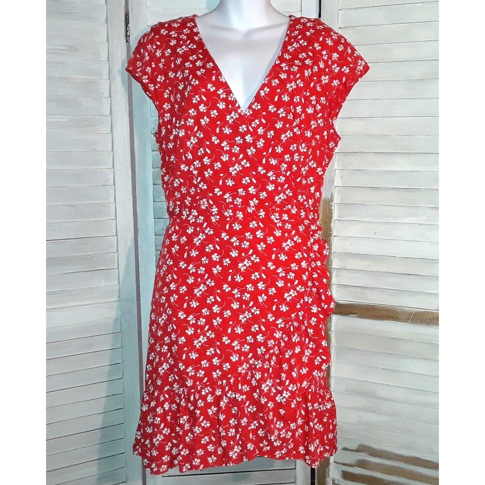 J. Crew Mercantile Mini Dress Size 12 Red Floral Faux-Wrap Cap Sleeves Ruffle